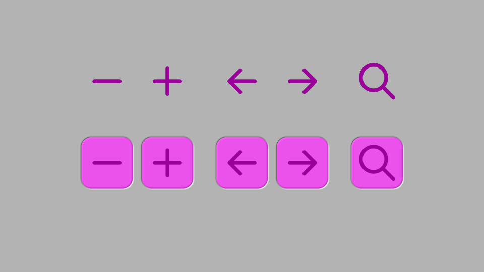 The two rows of buttons again. Now with a pink highlight to show where they can be clicked or touched, respectively