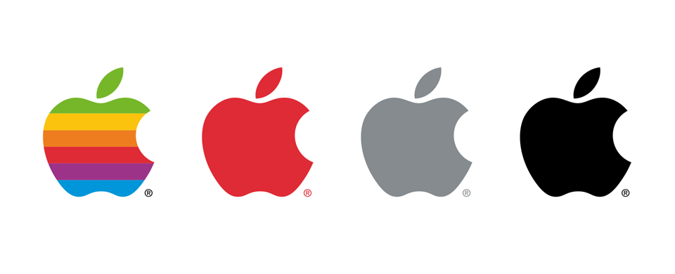 The Apple logo in six colours and different monochrome versions