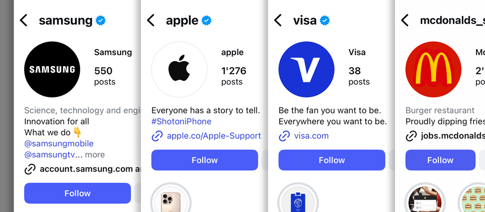 Our four example brands and their instagram channels