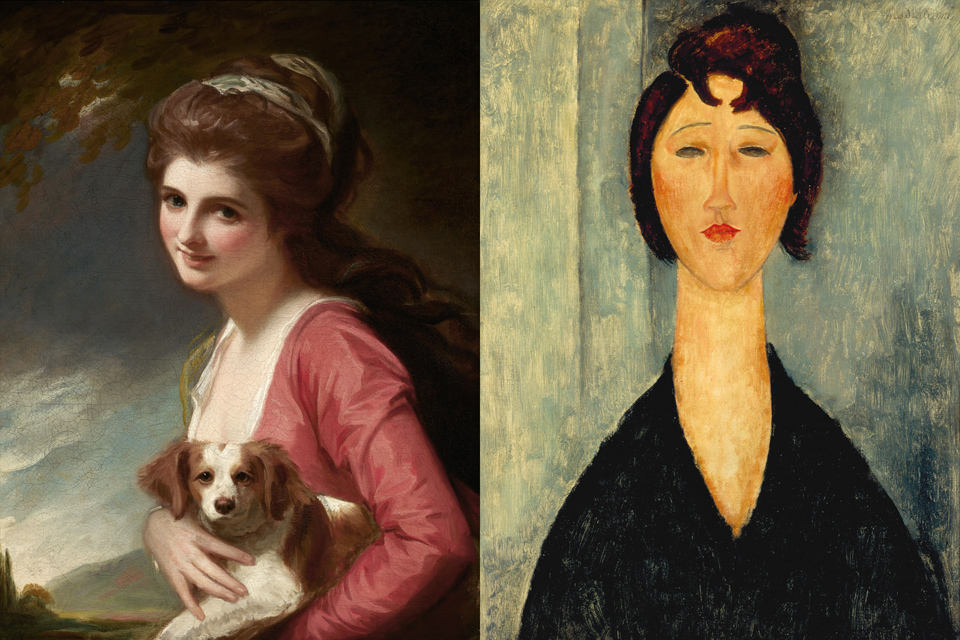 Pictures of a painting by George Romney, Amedeo Modigliani and a female figure from the Cyclades islands